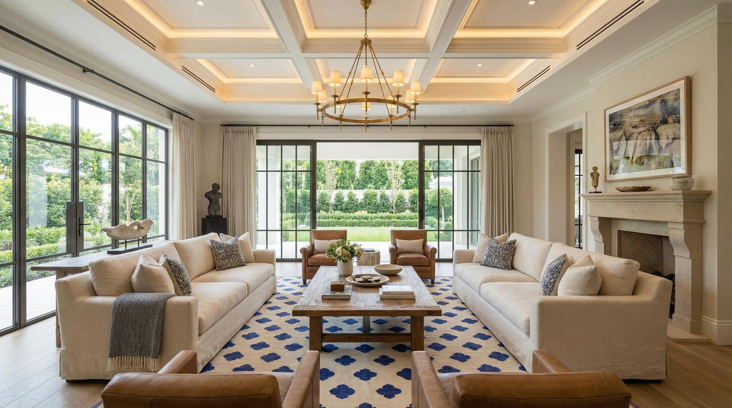 Premium Neutral Blue Geometric Wool Oushak Rug
