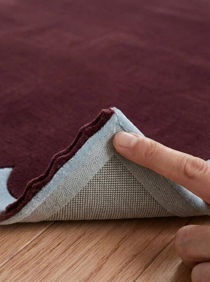 Burgundy Scalloped Area Rug, Maroon Wool Carpet, Handmade Bedroom Rug, Living Room Designer Rug