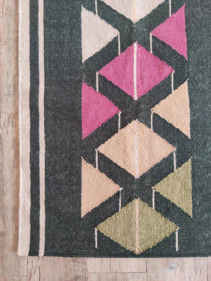 Handmade Wool Runner Rug Black Geometric Tribal Runner