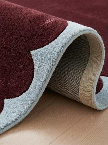 Burgundy Scalloped Area Rug, Maroon Wool Carpet, Handmade Bedroom Rug, Living Room Designer Rug