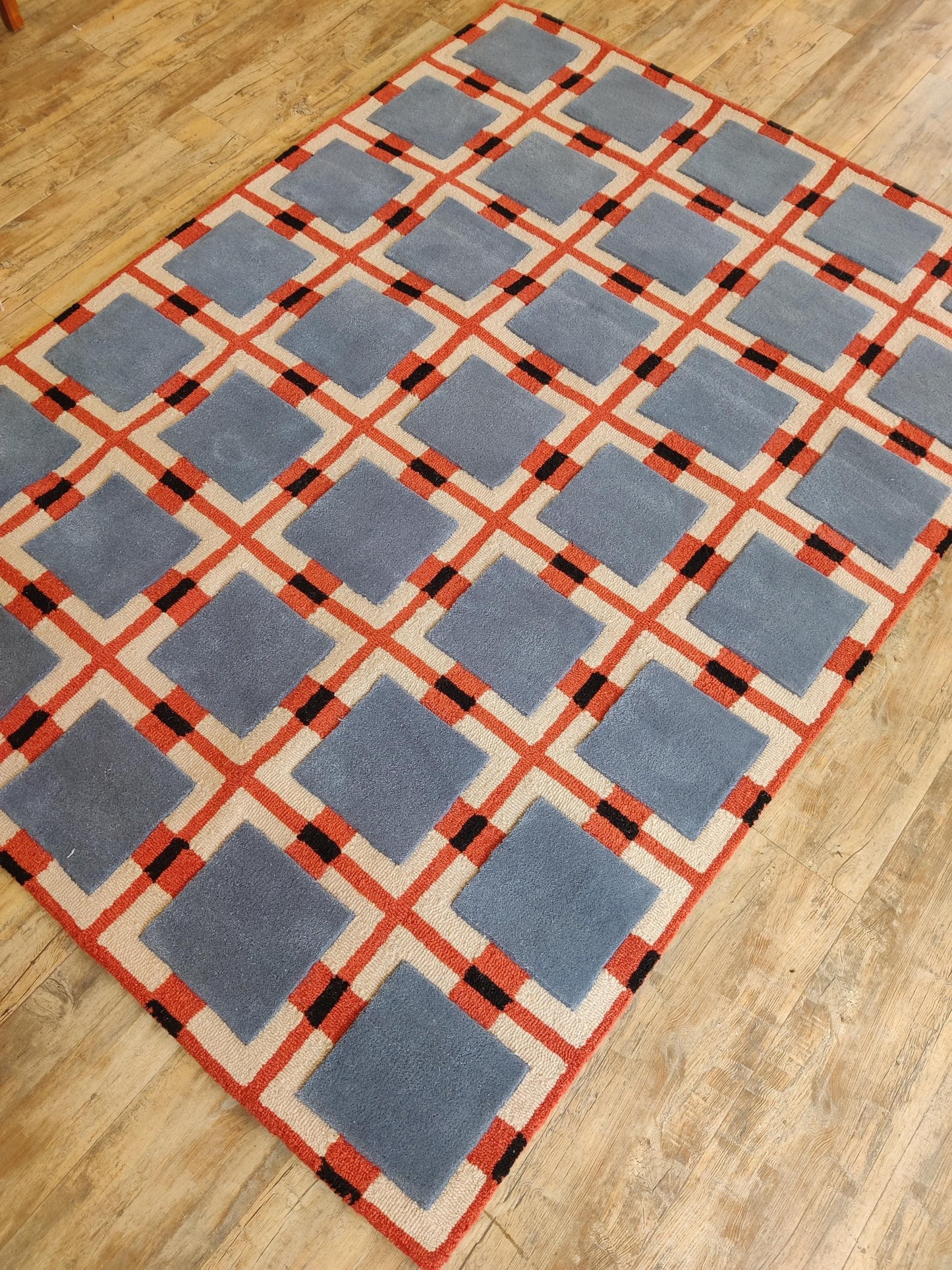 Blue Terracotta Geometric Wool Tufted Rug