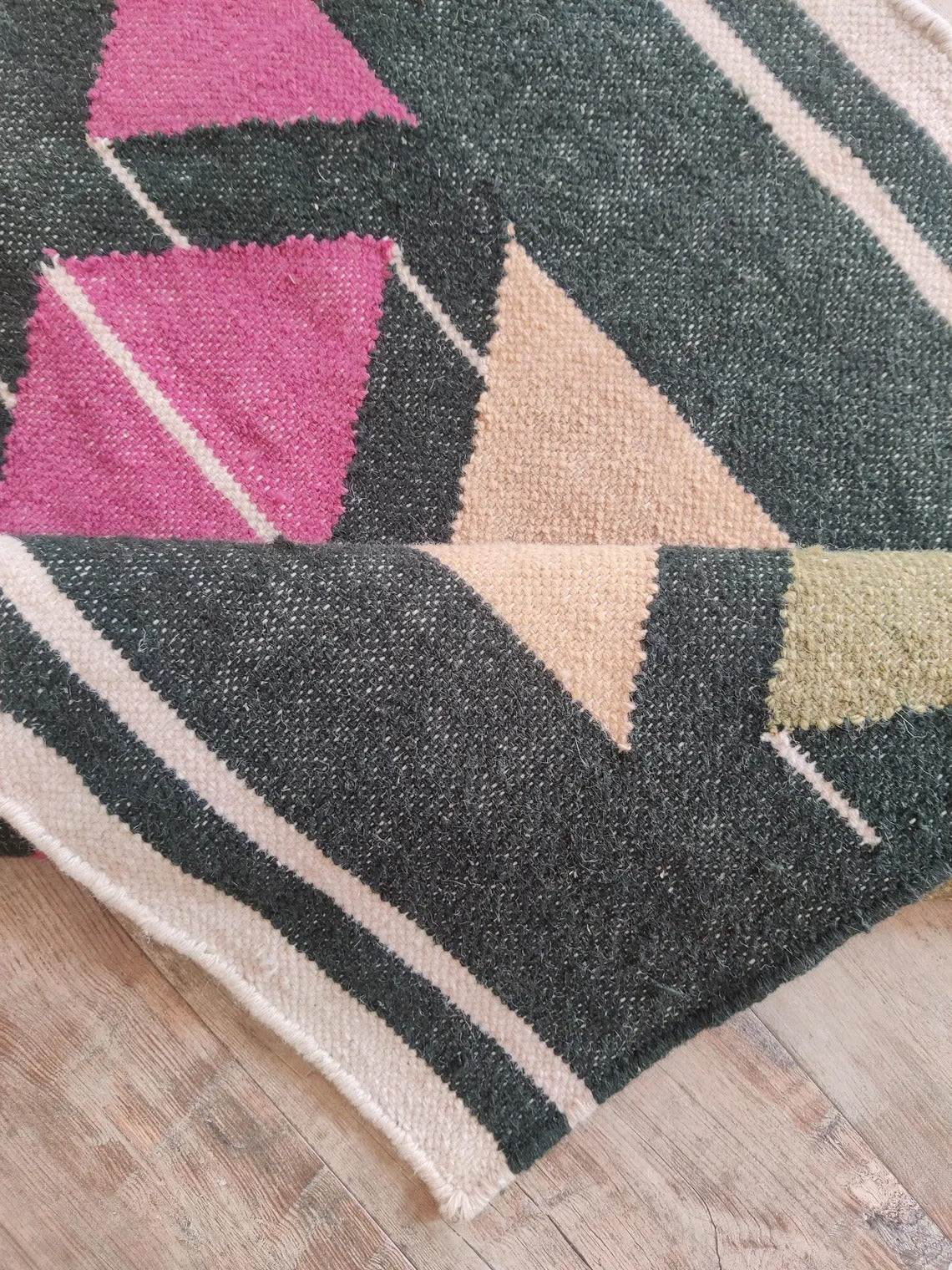 Handmade Wool Runner Rug Black Geometric Tribal Runner