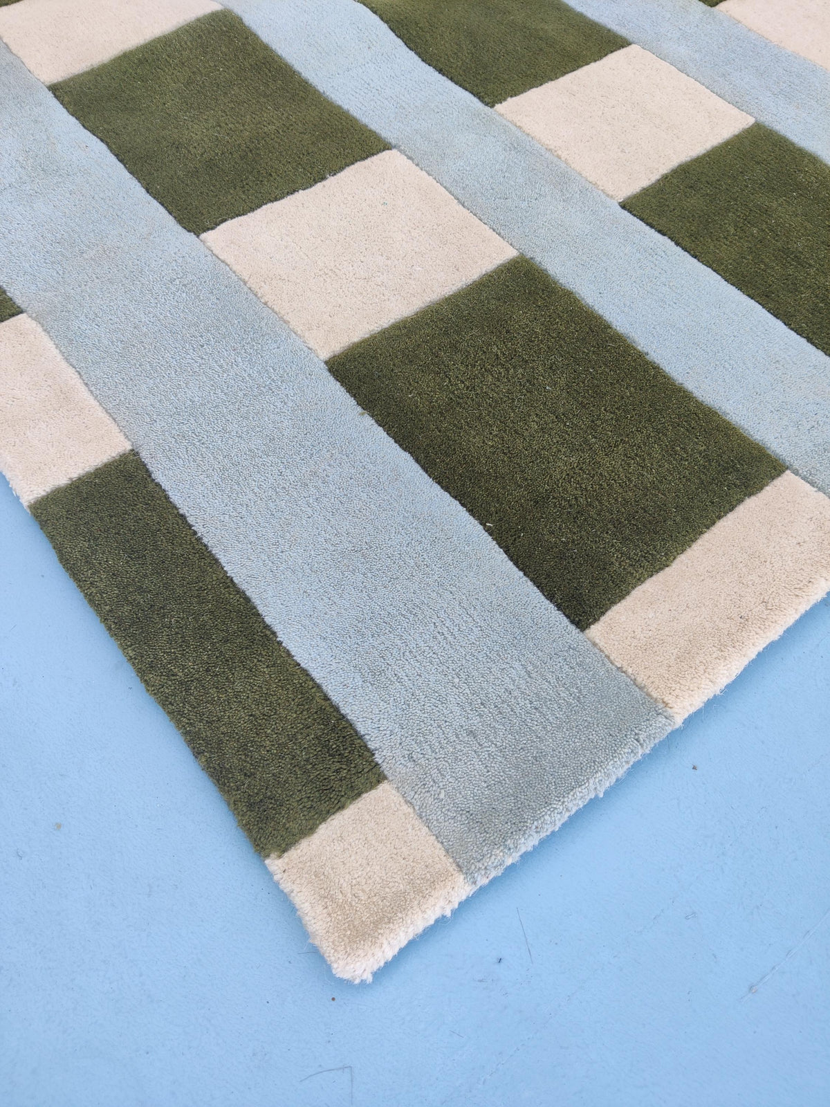 Blue Green Ivory Grid Pattern Designer Wool Carpet, Hand Tufted Wool Carpet