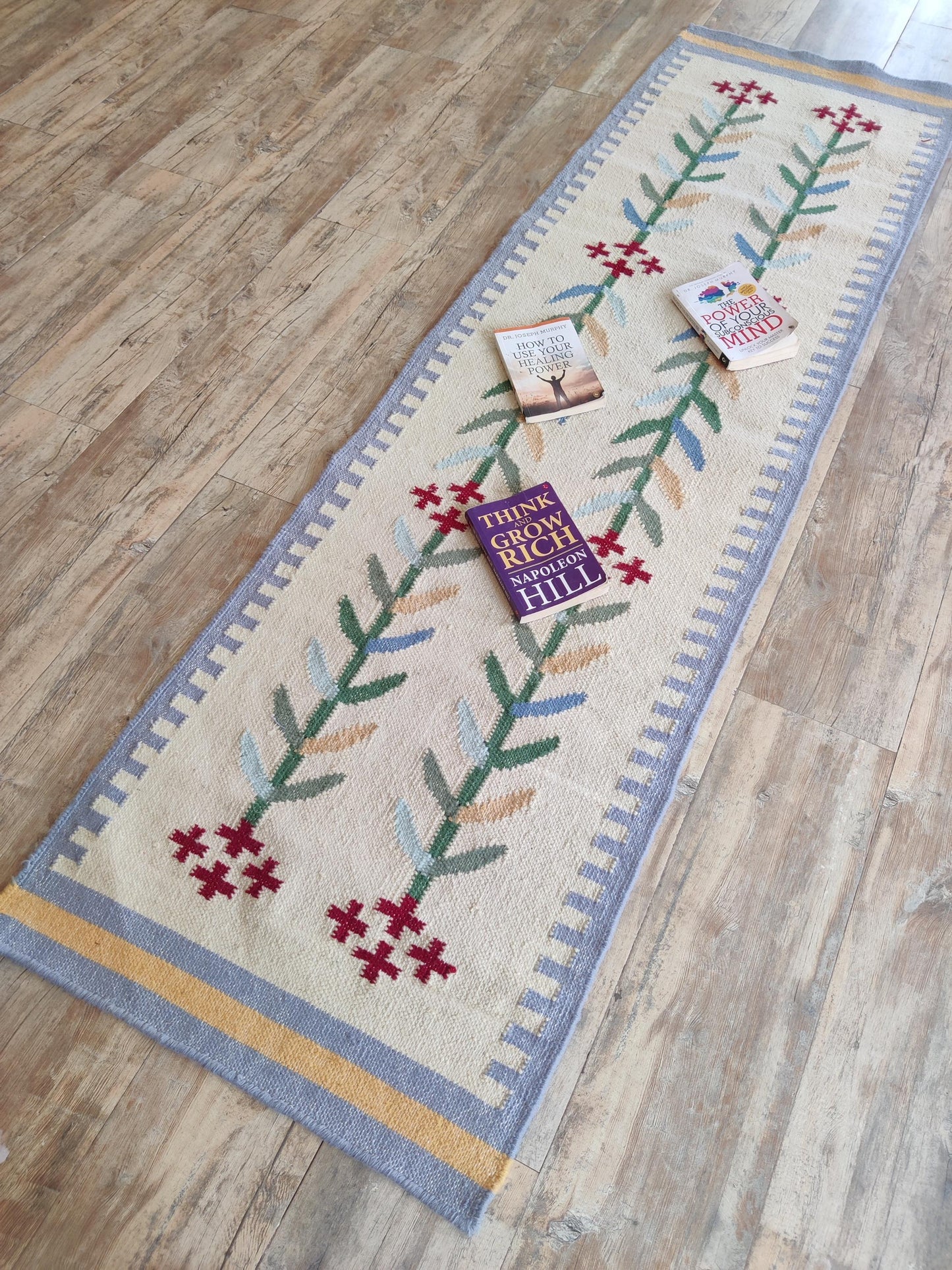 Handwoven Wool Runner Rug, Colorful Geometric Floral Design