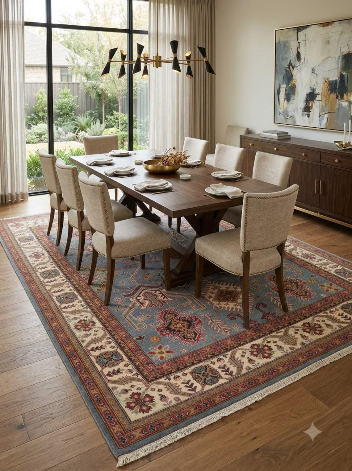 Hand-Knotted Wool Oushak Rug, Blue Tribal Area Carpet, Geometric Floral Modern Rug