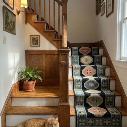 Hand-Knotted Wool Oushak Blue-Pink-Cream Modern -Style Stair Runner