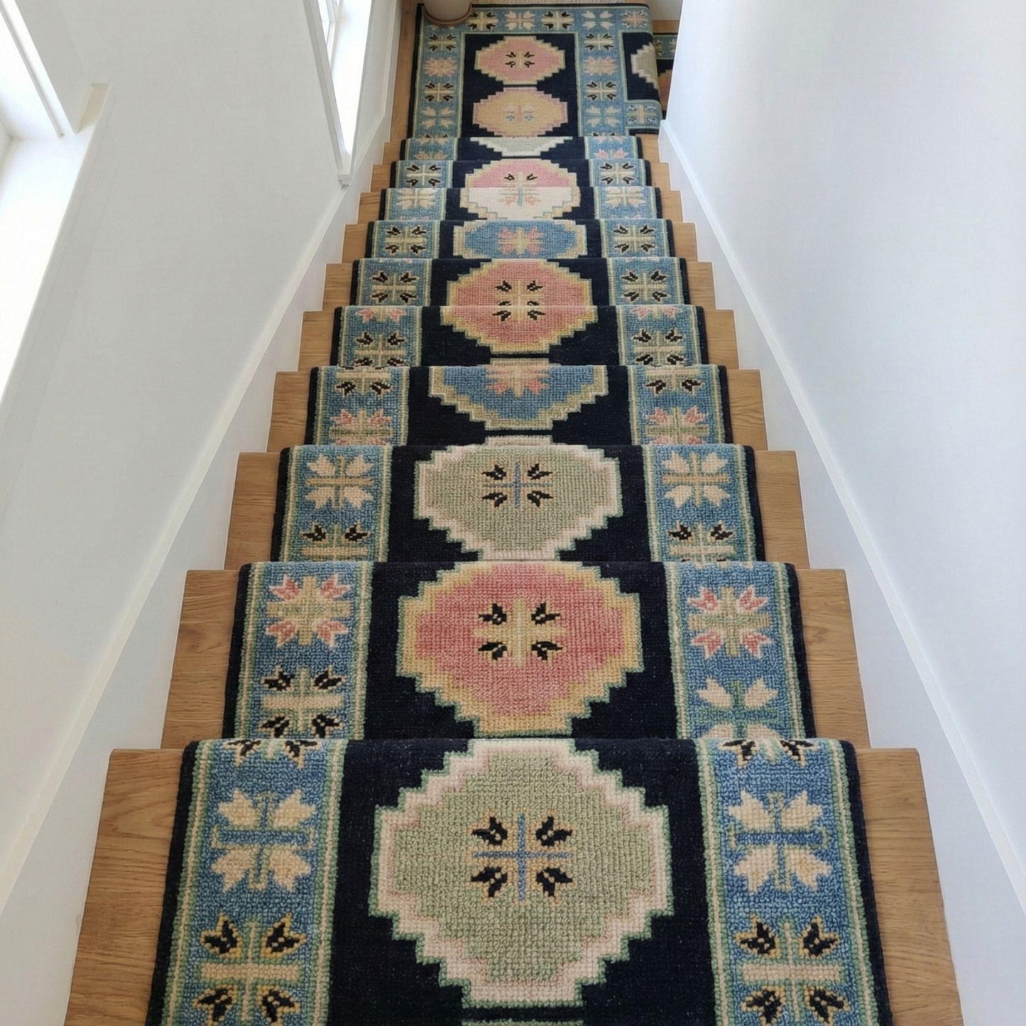 Hand-Knotted Wool Oushak Blue-Pink-Cream Modern -Style Stair Runner