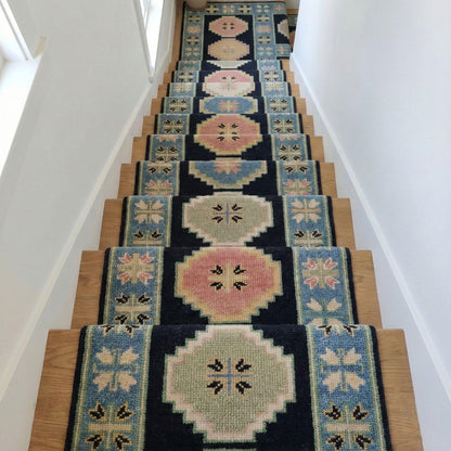 Hand-Knotted Wool Oushak Blue-Pink-Cream Modern -Style Stair Runner