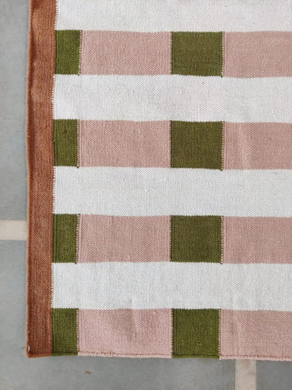 Handwoven Olive Green & Blush Pink Checkered Hallway Runner