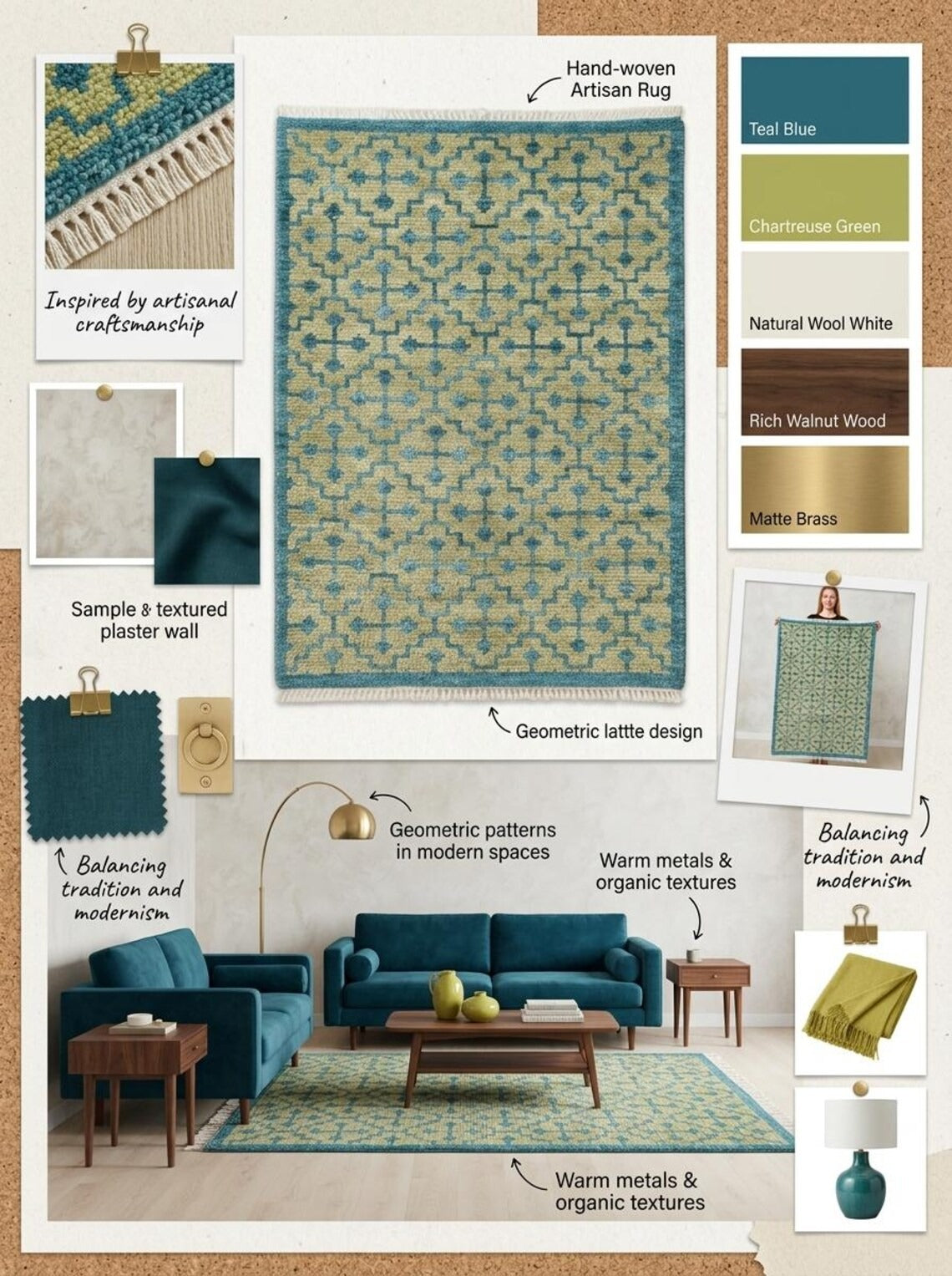 Teal Lattice Olive Diamond Hand Knotted Rug