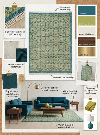Teal Lattice Olive Diamond Hand Knotted Rug