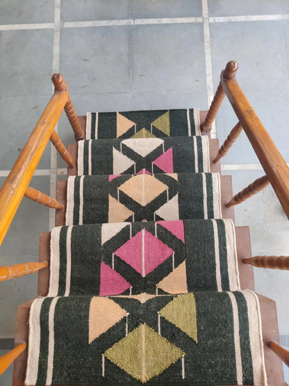 Handmade Wool Runner Rug Black Geometric Tribal Runner