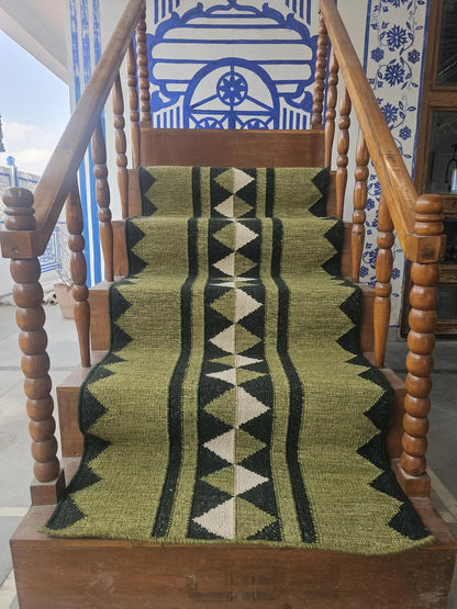 Handmade Geometric Olive Green Wool Runner Rug