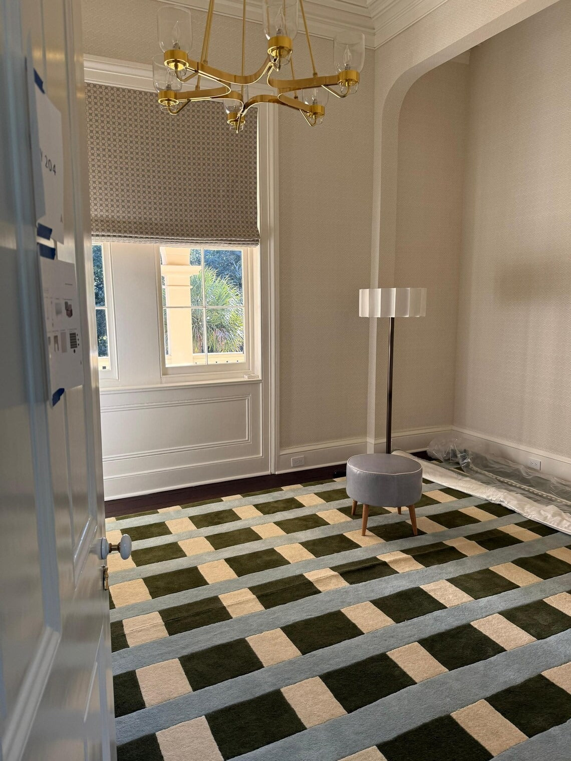 Blue Green Ivory Grid Pattern Designer Wool Carpet, Hand Tufted Wool Carpet