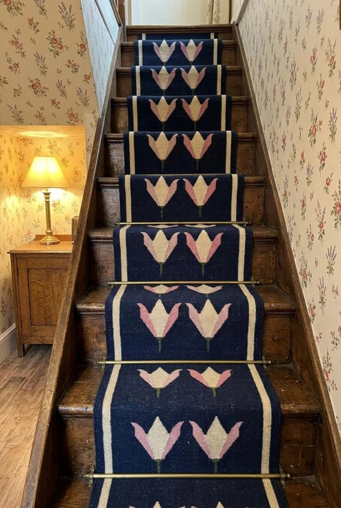 Handwoven Blue Floral Wool Flatweave Runner Rug