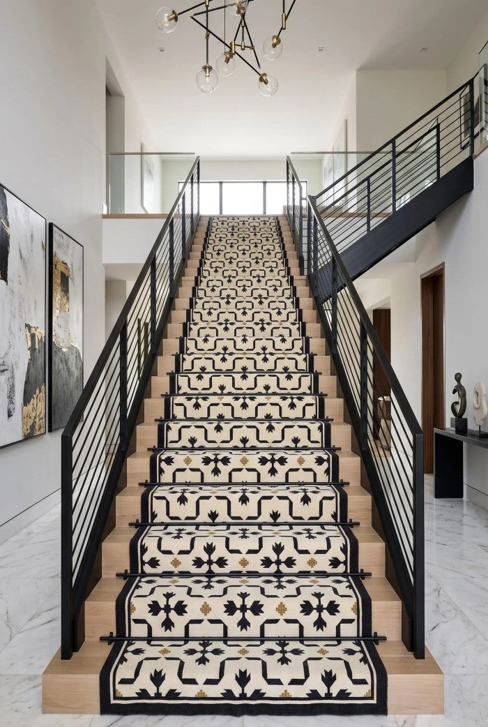 Marrakech Geometric Wool Runner Rug Handmade Ivory Black Hallway Runne