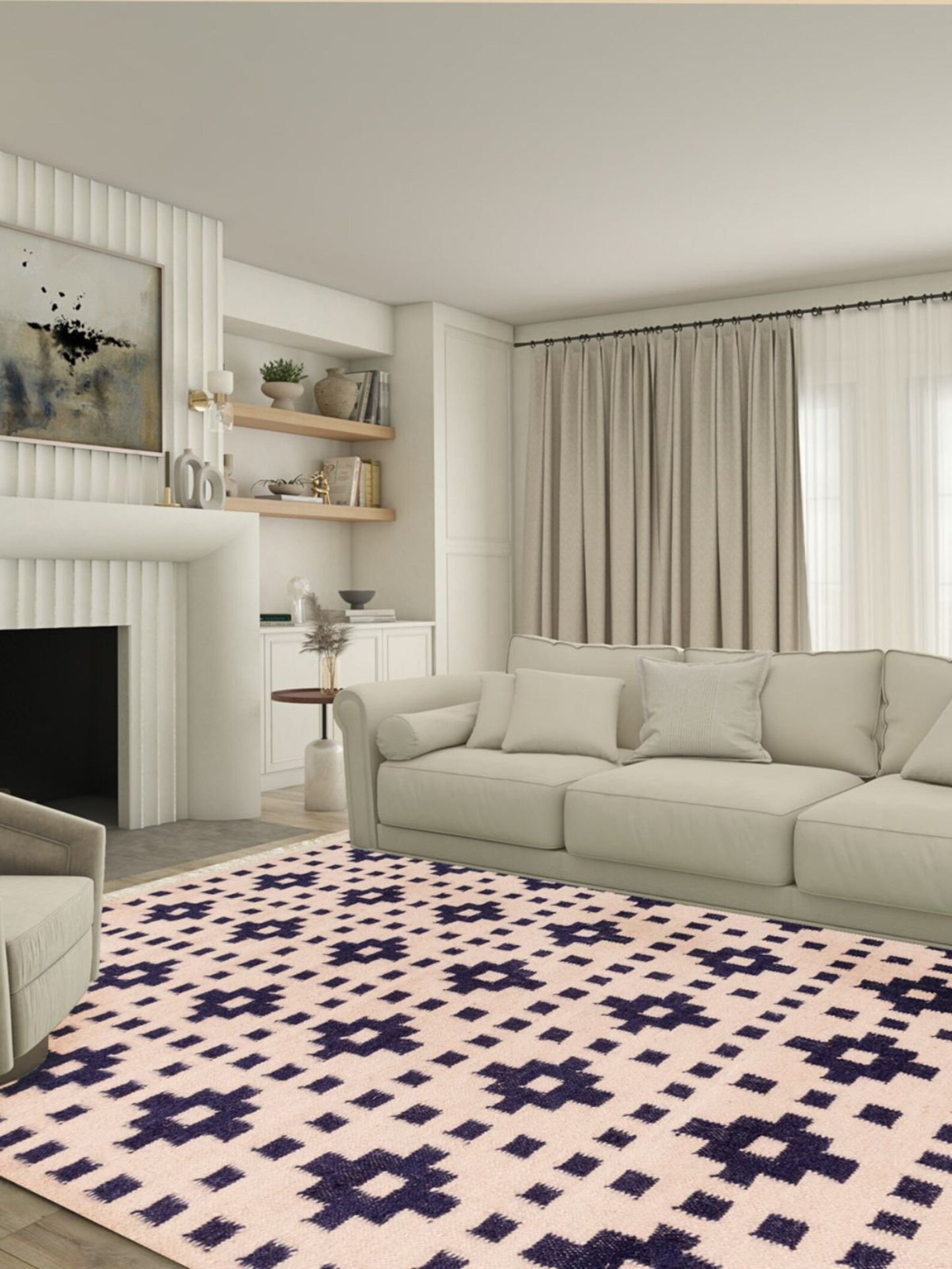 Ivory Mosaic Lattice Geometric Pattern Wool Area Rug