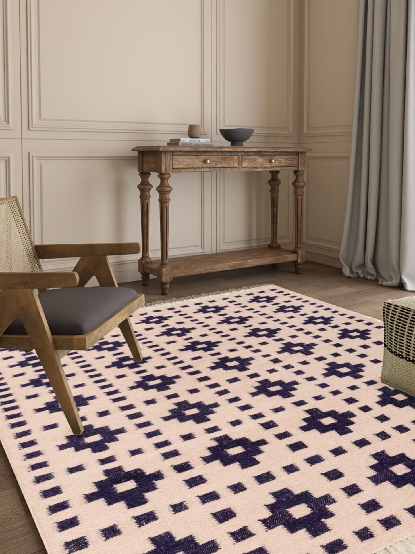 Ivory Mosaic Lattice Geometric Pattern Wool Area Rug