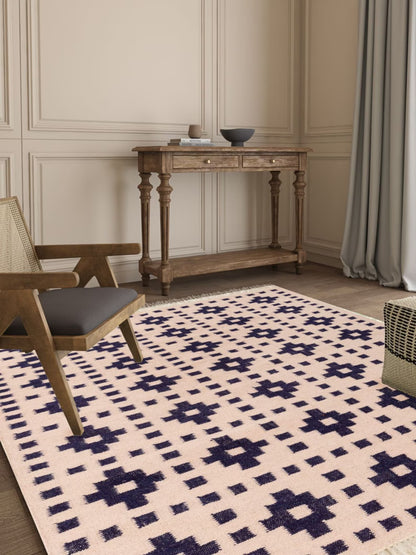 Ivory Mosaic Lattice Geometric Pattern Wool Area Rug