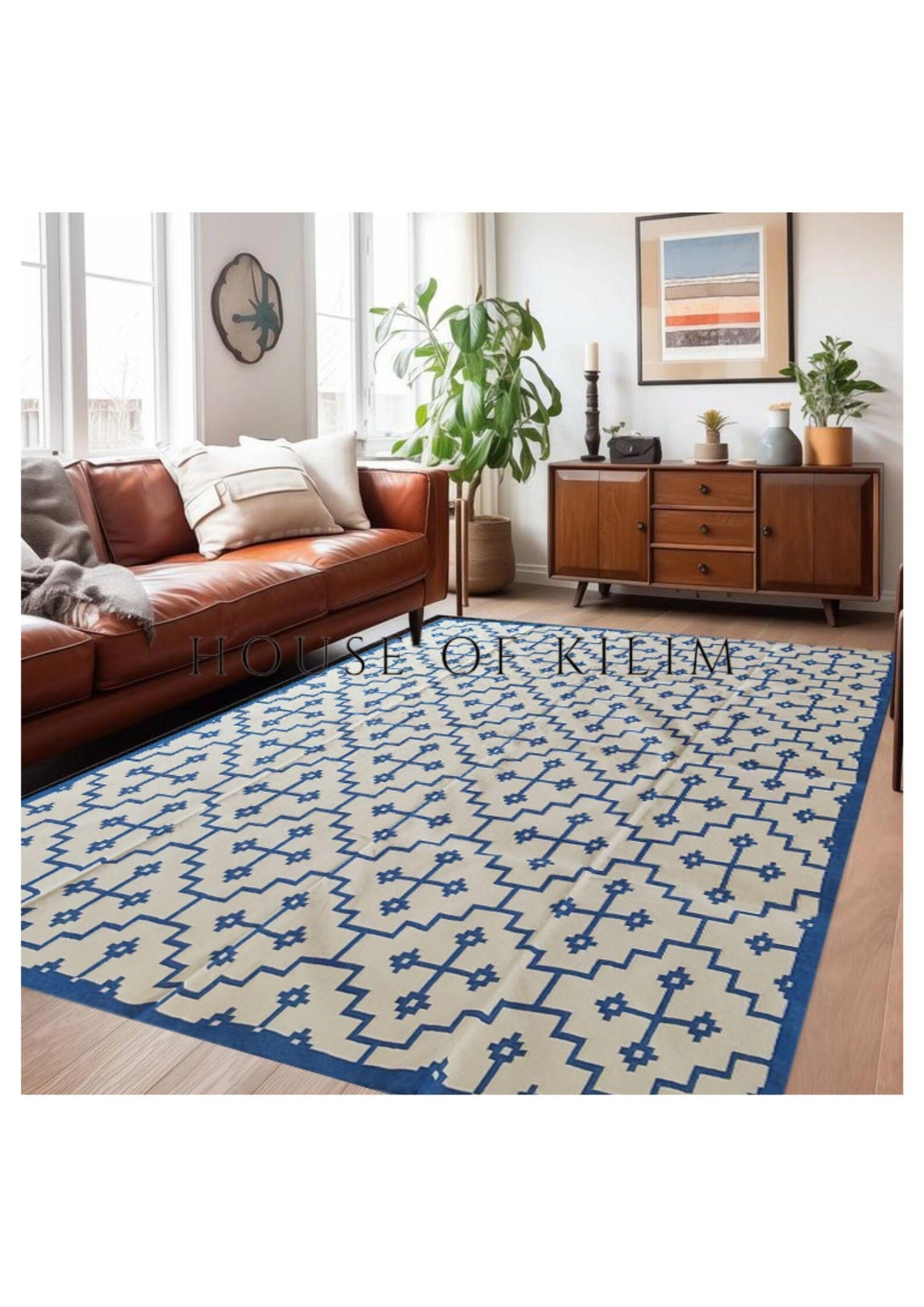 Blue Ivory Geometric Cross Cotton Flatweave Rug
