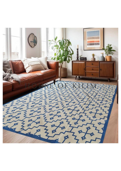 Blue Ivory Geometric Cross Cotton Flatweave Rug