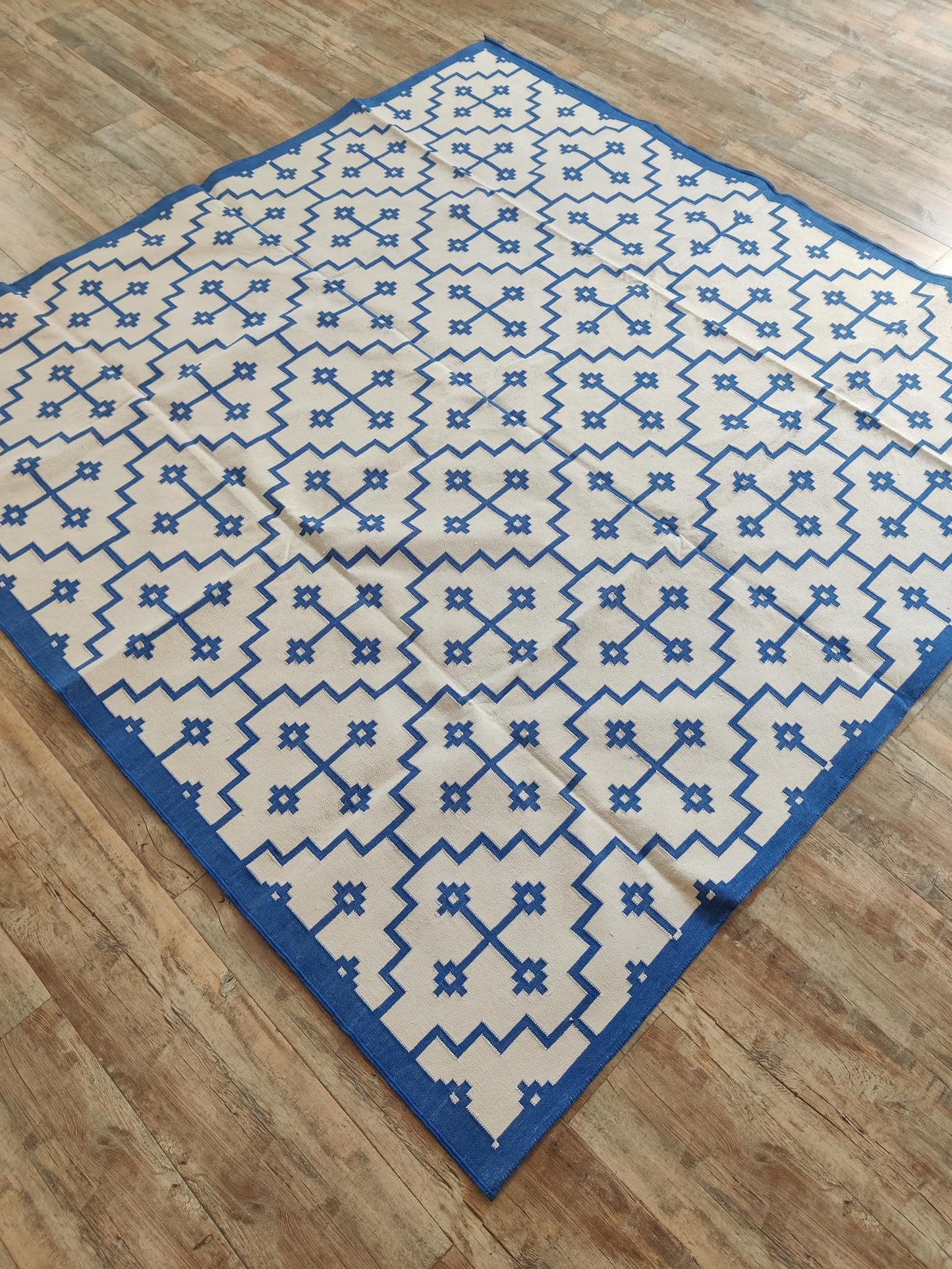 Blue Ivory Geometric Cross Cotton Flatweave Rug