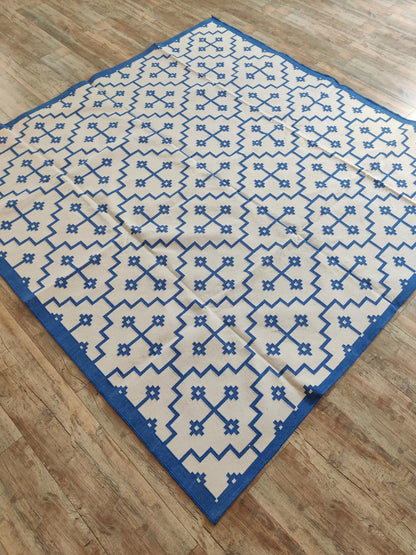 Blue Ivory Geometric Cross Cotton Flatweave Rug