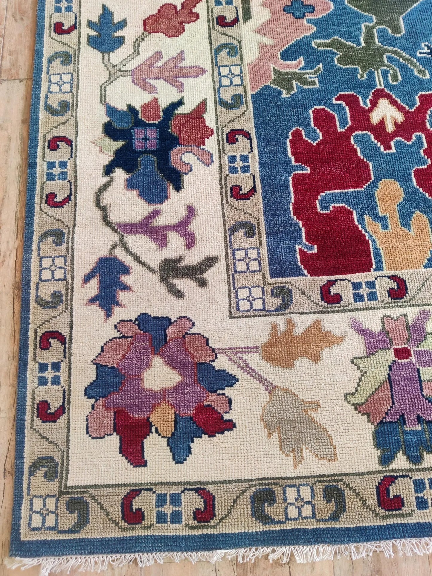 Hand Knotted Wool Oushak Rug Blue Anatolian Carpet
