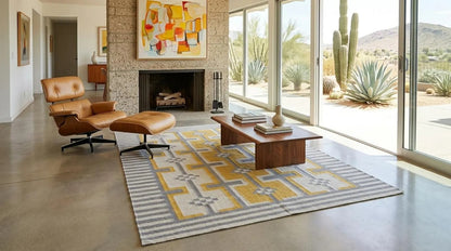 Bauhaus Step Striped Border and Mustard Geometric Pattern rug