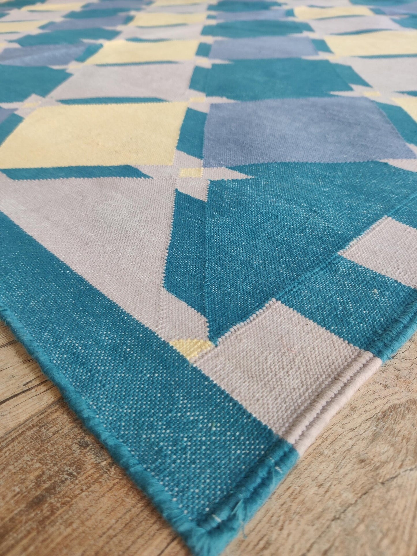 Geometric Diamond Lattice in Teal, Blue & Ivory Rug
