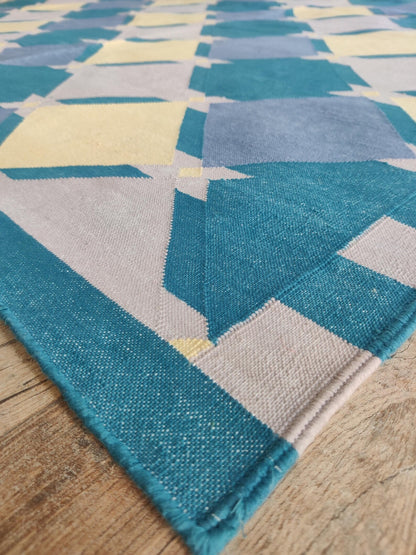 Geometric Diamond Lattice in Teal, Blue & Ivory Rug