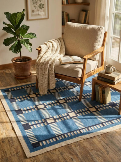 Cobalt Matrix Grid Wool Cotton Dhurrie Rug