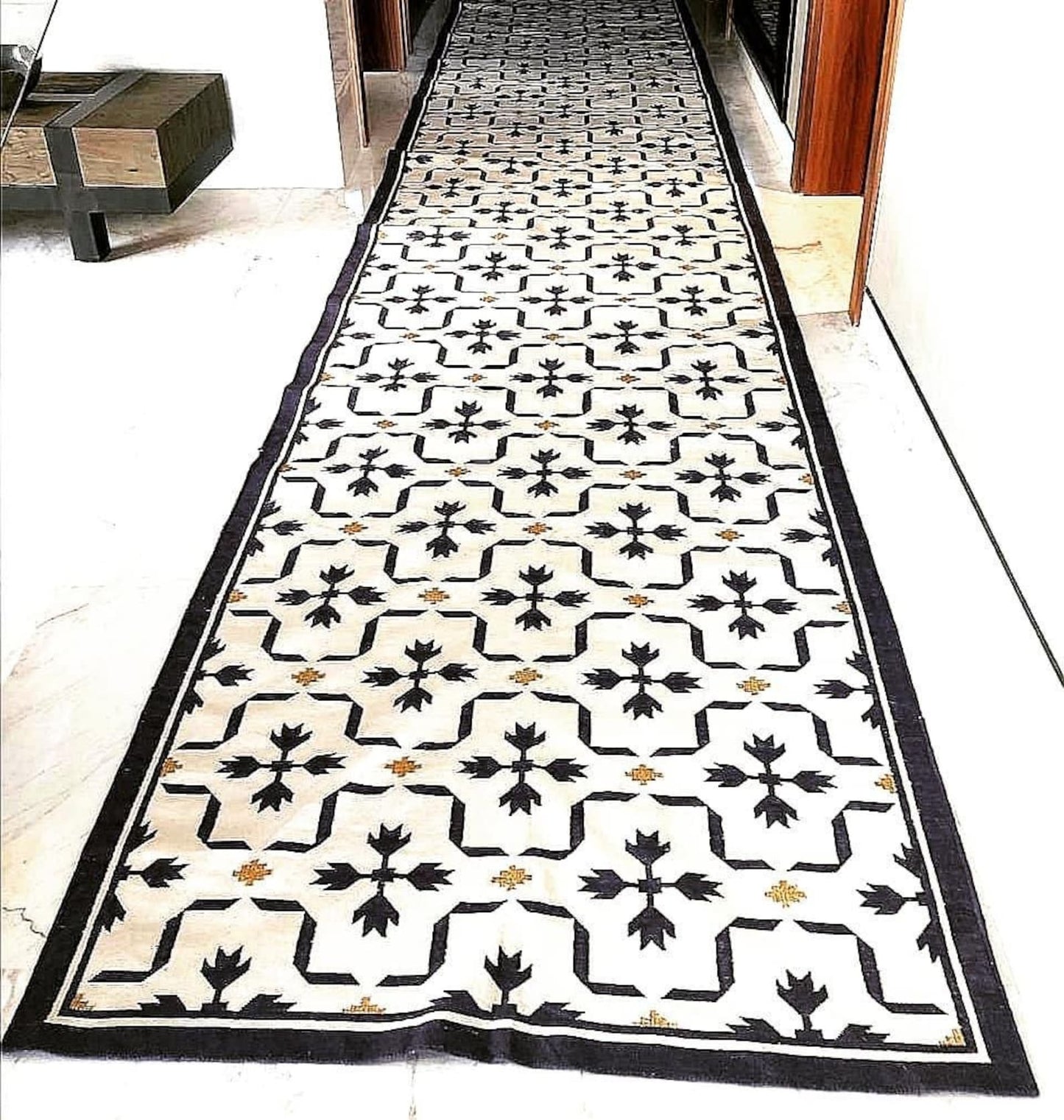 Marrakech Geometric Wool Runner Rug Handmade Ivory Black Hallway Runne