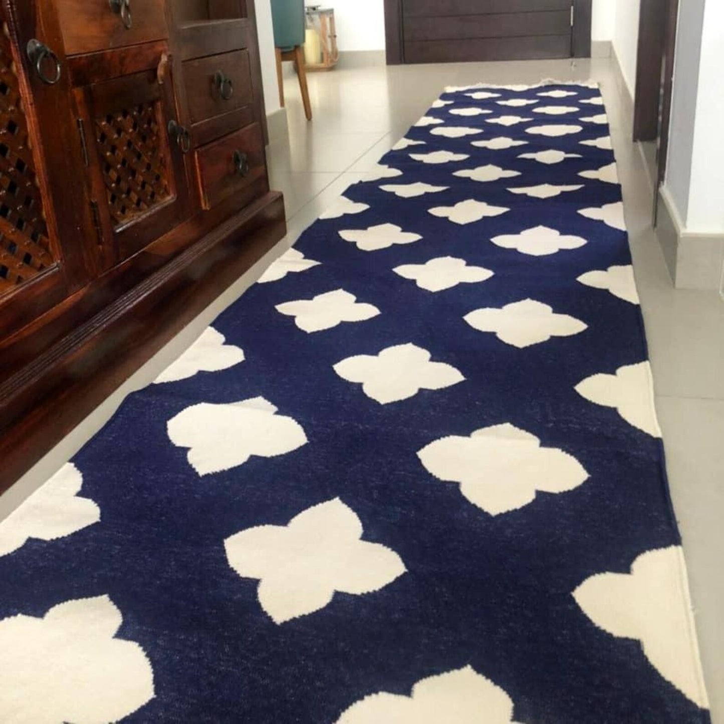 Navy Quatrefoil Handwoven Cotton Flatweave Runner