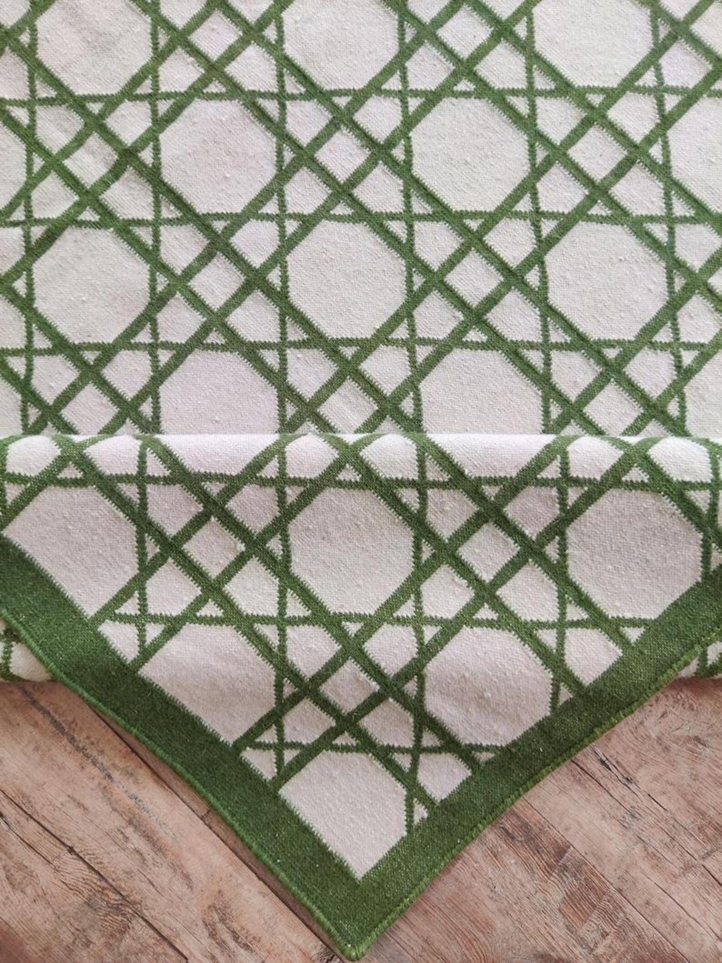Handwoven Verdant Geometric Cane Wool Cotton Dhurrie Rug