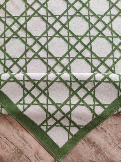 Handwoven Verdant Geometric Cane Wool Cotton Dhurrie Rug