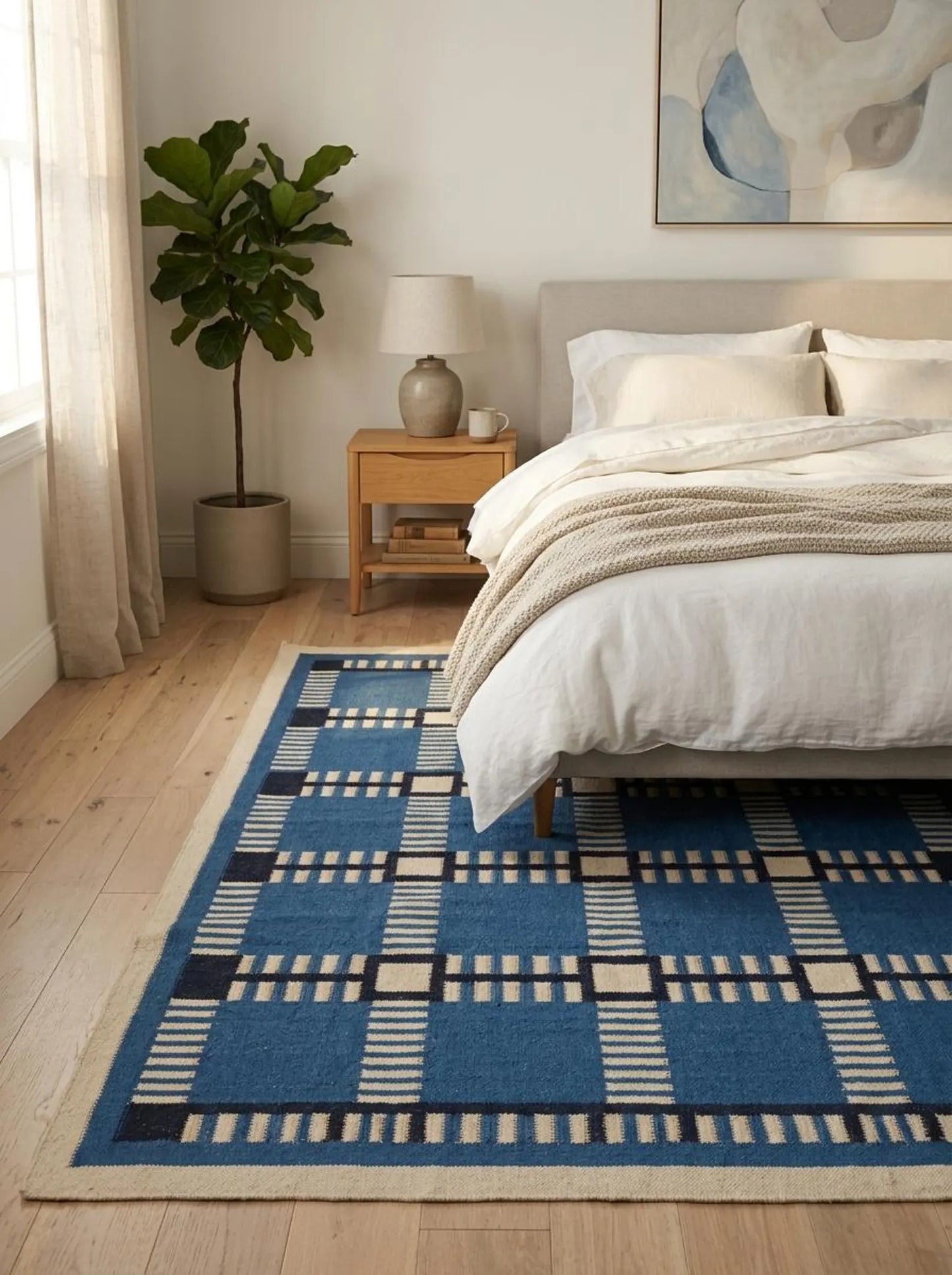 Cobalt Matrix Grid Wool Cotton Dhurrie Rug