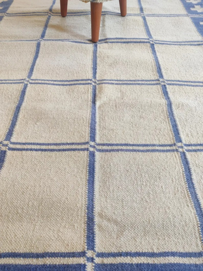 Periwinkle Windowpane Cross Modern Blue & Cream Wool Cotton Dhurrie Rug