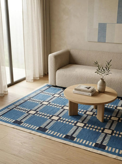 Cobalt Matrix Grid Wool Cotton Dhurrie Rug