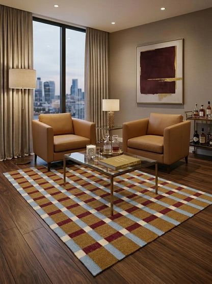 Ochre Sky Plaid Grid Handwoven Symmetrical Checked Rug
