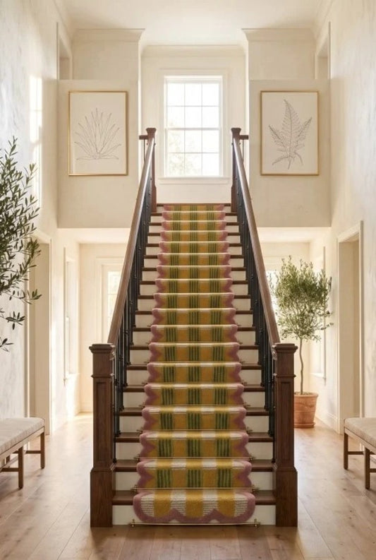 Scalloped Geometric Floral Stair Runner Pink Tufted Runner