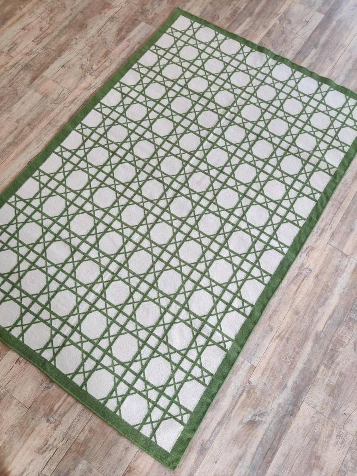 Handwoven Verdant Geometric Cane Wool Cotton Dhurrie Rug