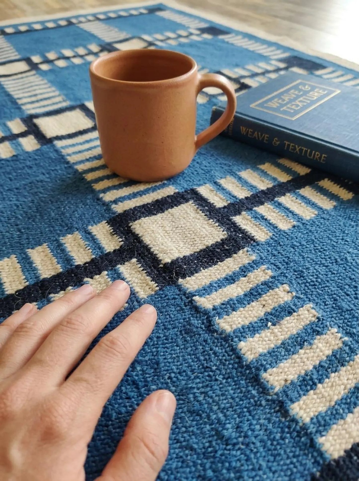 Cobalt Matrix Grid Wool Cotton Dhurrie Rug