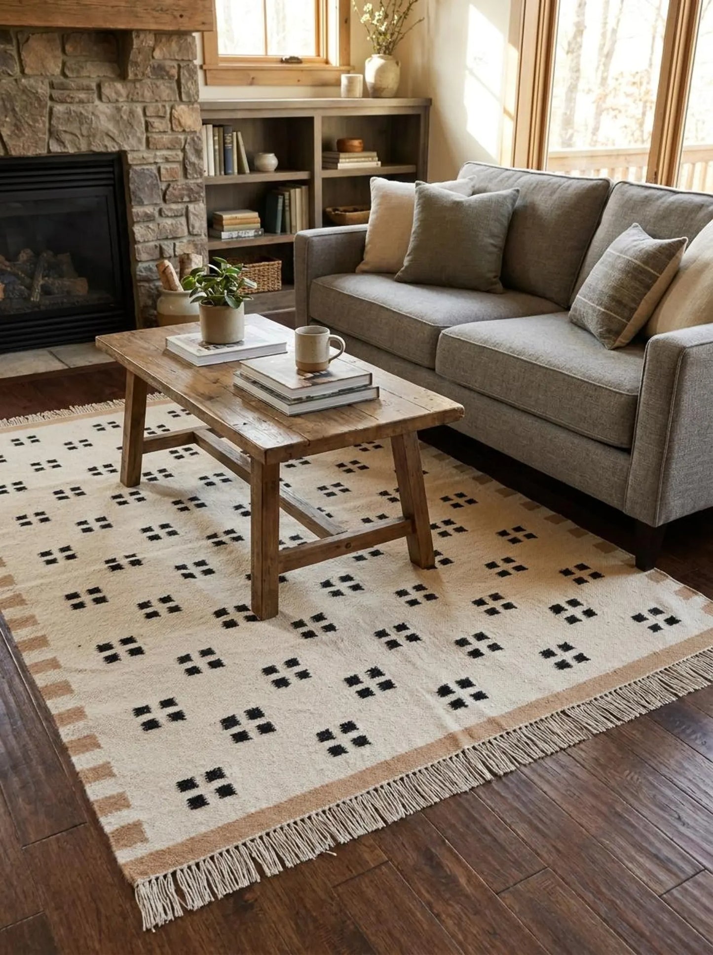Minimalist Tan & Charcoal Dot Geometric Pixel Block Flatweave Area Rug
