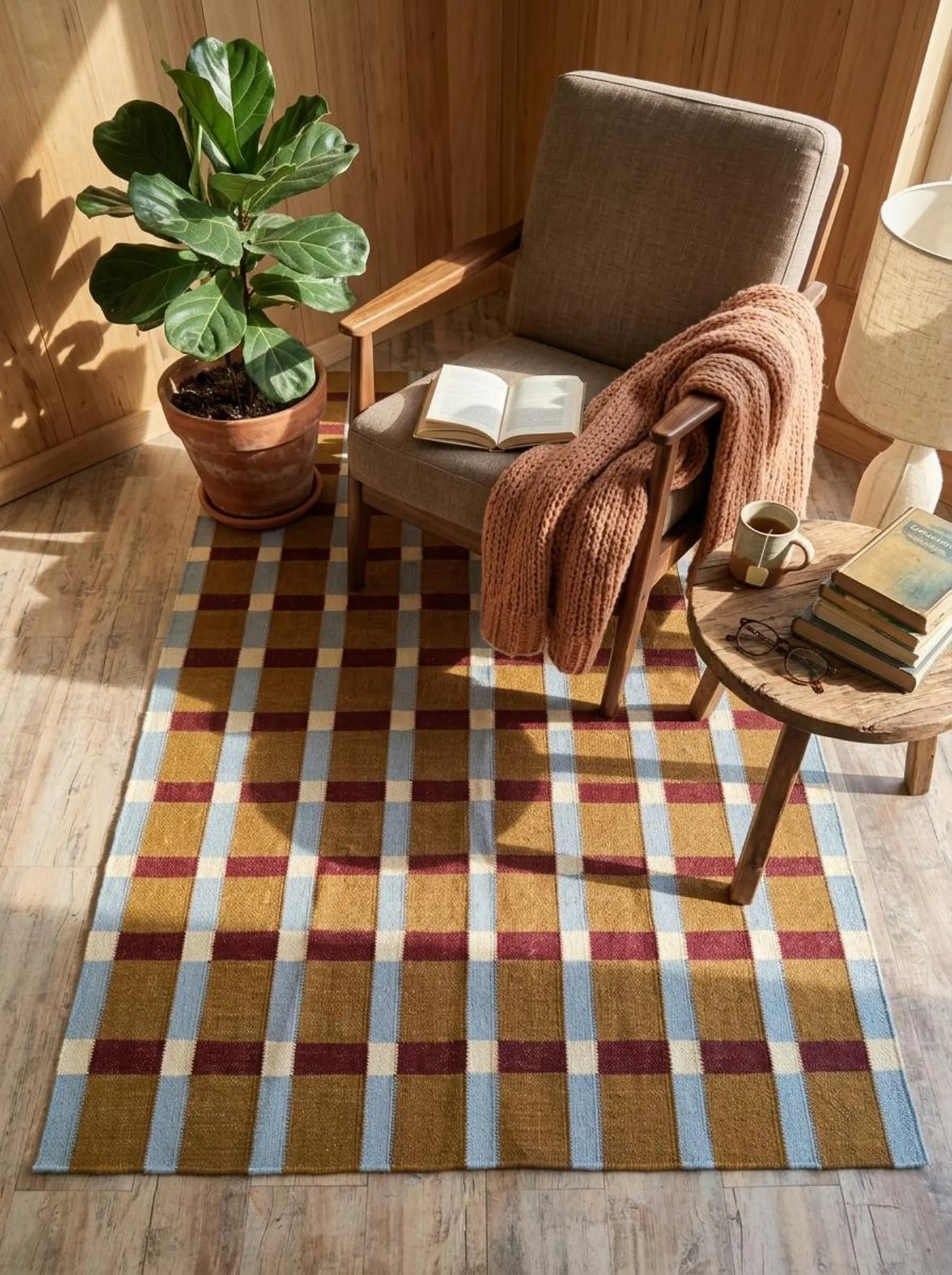 Ochre Sky Plaid Grid Handwoven Symmetrical Checked Rug