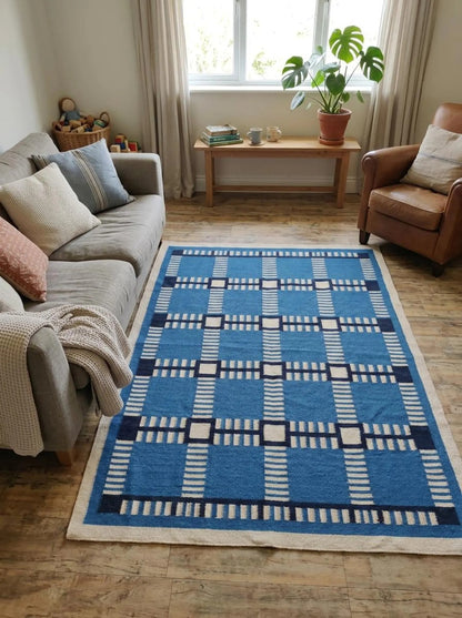 Cobalt Matrix Grid Wool Cotton Dhurrie Rug