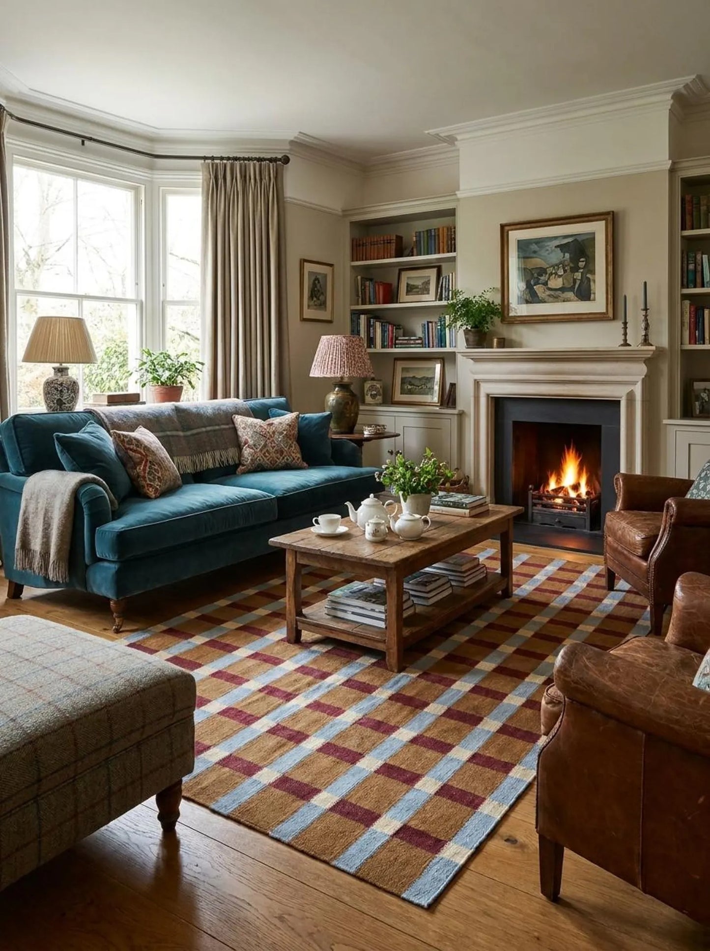 Ochre Sky Plaid Grid Handwoven Symmetrical Checked Rug