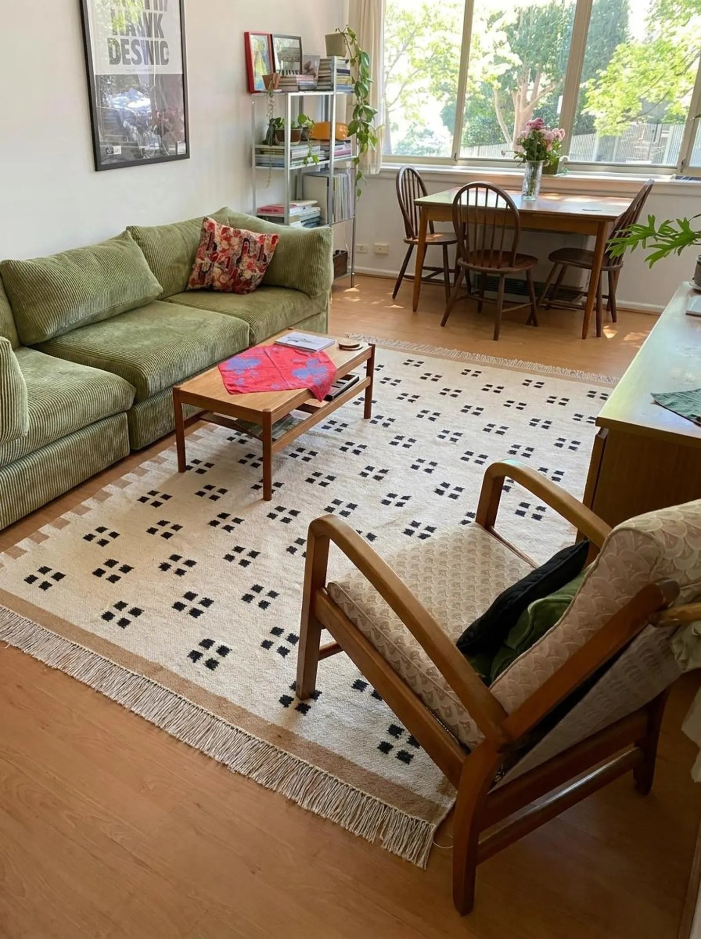 Minimalist Tan & Charcoal Dot Geometric Pixel Block Flatweave Area Rug