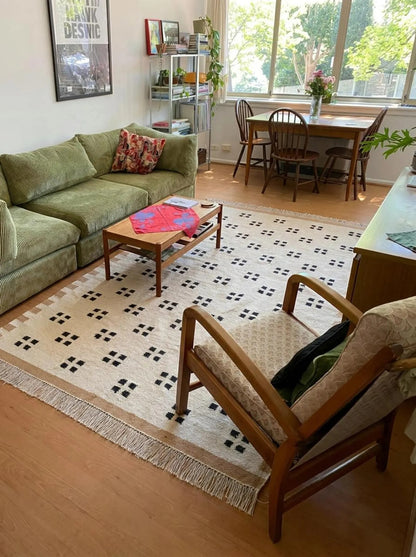 Minimalist Tan & Charcoal Dot Geometric Pixel Block Flatweave Area Rug