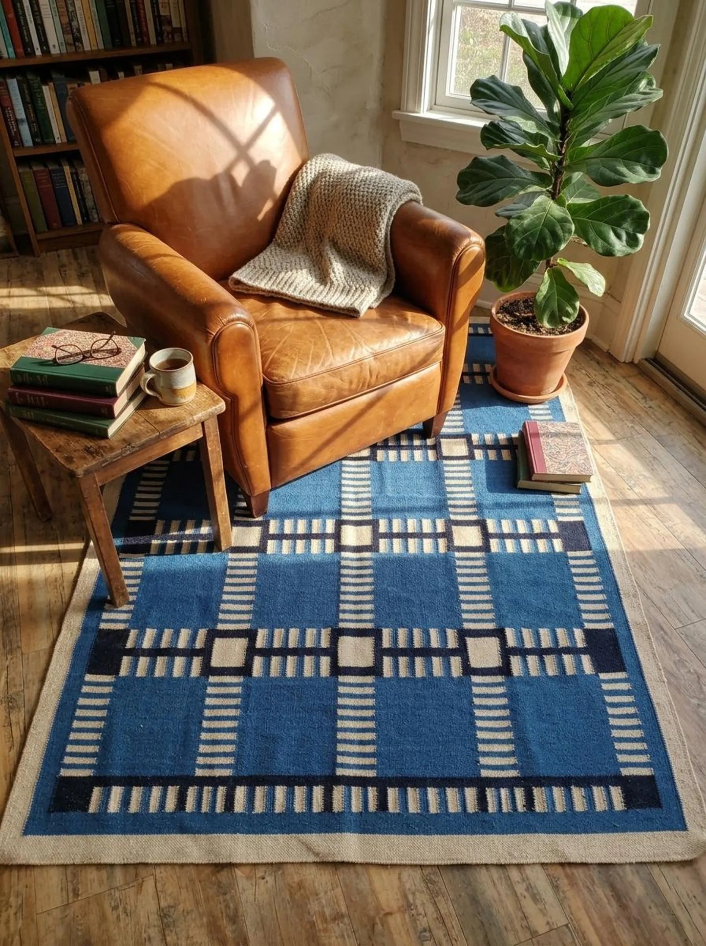 Cobalt Matrix Grid Wool Cotton Dhurrie Rug